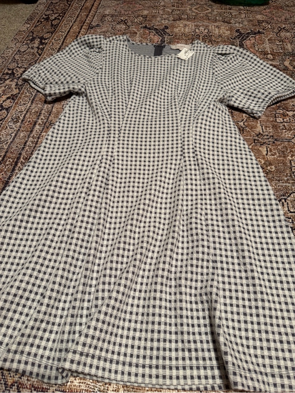 LOFT Black and White Gingham Short-Sleeve A-Line Dress
